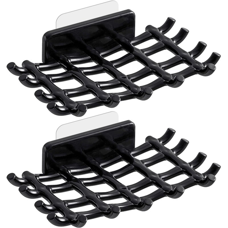 HASSLICKIT Soap Bar Holder for Shower Wall  Self Draining Soap Dish with Hooks  No Drilling  Bathtub Kitchen Sink Waterproof Adhesive Wall Mounted Dish (2 Pack  Black) - Image 1